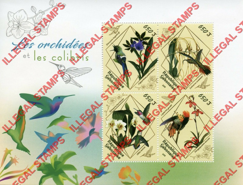 Gabon 2018 Orchids and Hummingbirds Illegal Stamp Souvenir Sheet of 4