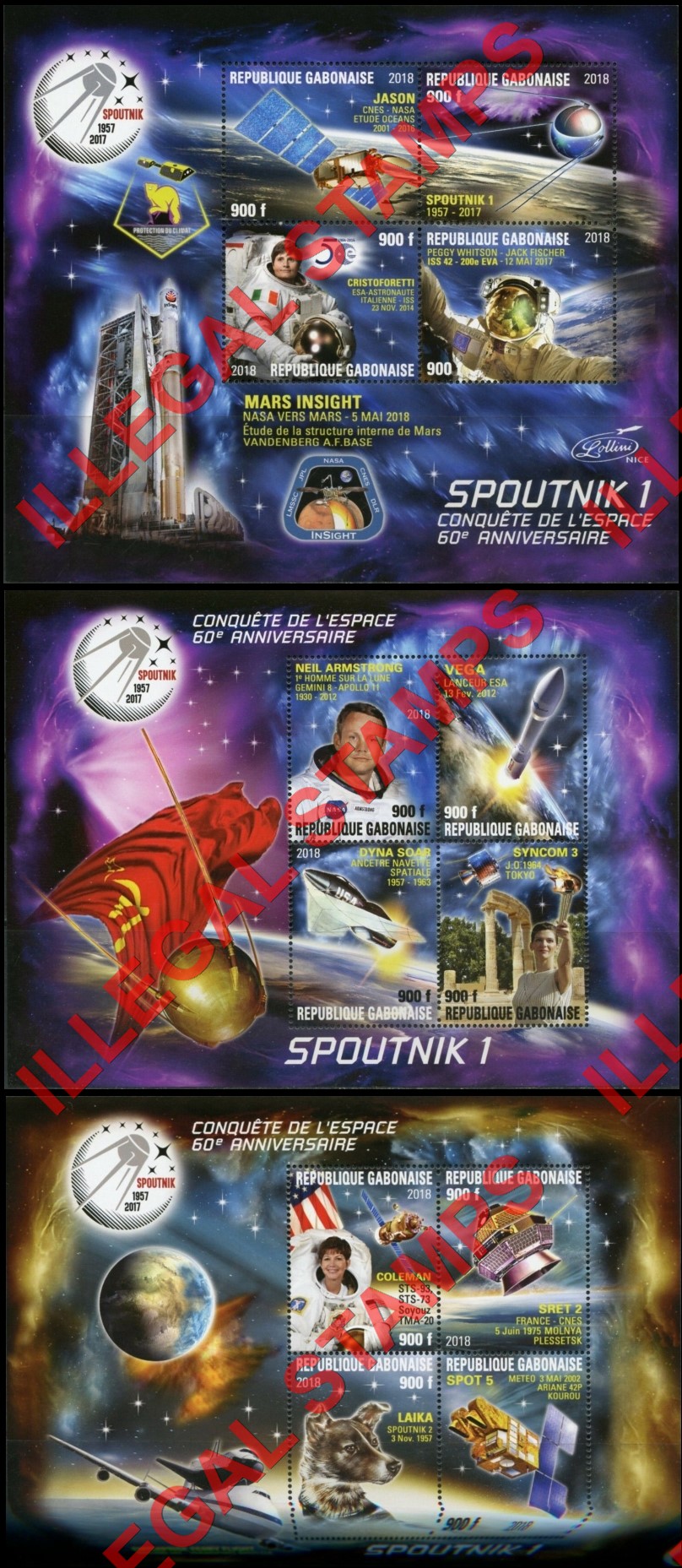 Gabon 2018 Space Conquest 60th Anniversary Spoutnik 1 Illegal Stamp Lollini Souvenir Sheets of 4 (Part 3)