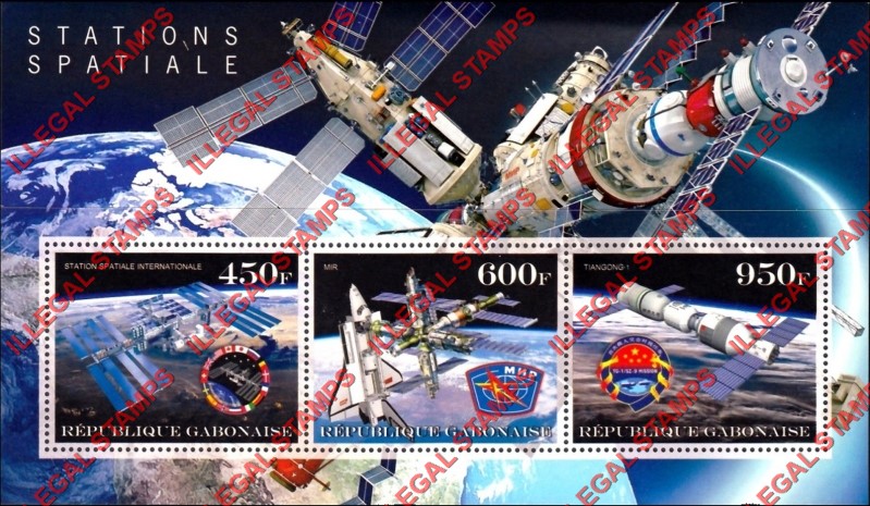 Gabon 2018 Space Stations Illegal Stamp Souvenir Sheet of 3 with no date Inscription