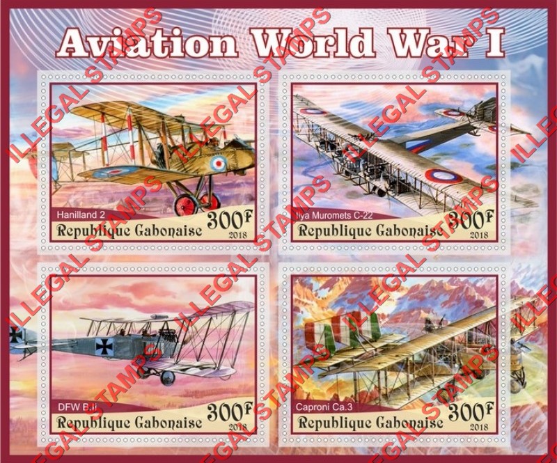 Gabon 2018 World War I Aviation (different) Illegal Stamp Souvenir Sheet of 4
