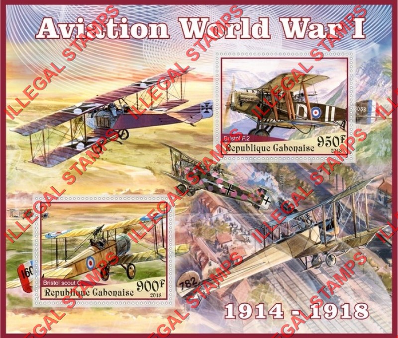 Gabon 2018 World War I Aviation (different) Illegal Stamp Souvenir Sheet of 2