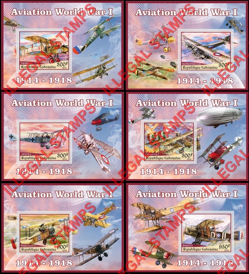 Gabon 2018 World War I Aviation (different) Illegal Stamp Souvenir Sheets of 1