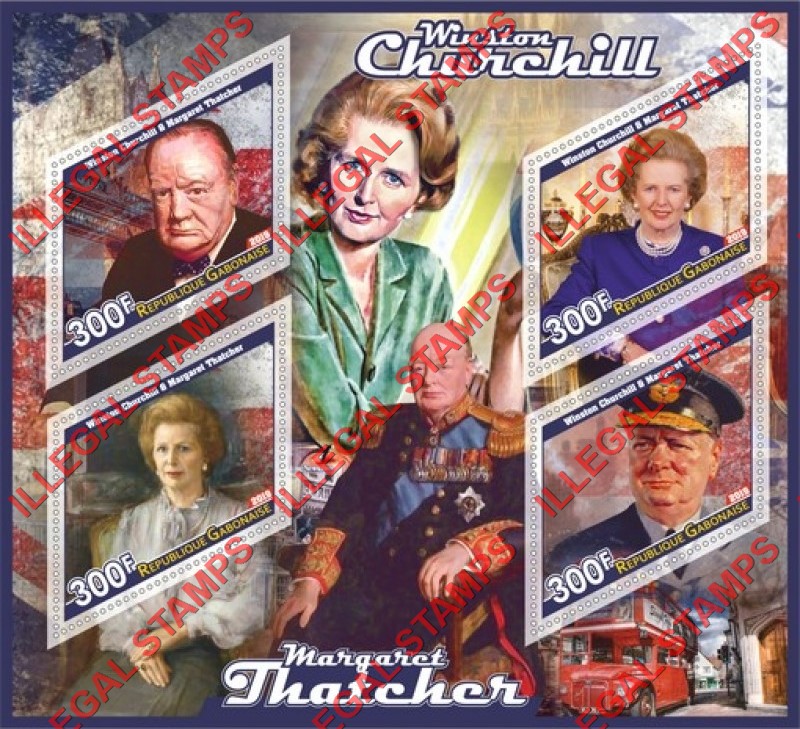 Gabon 2019 Winston Churchill and Margaret Thatcher Illegal Stamp Souvenir Sheet of 4