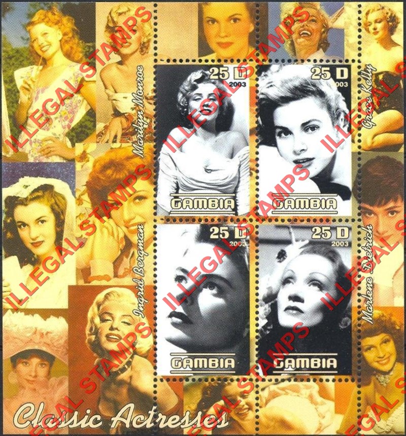 Gambia 2003 Classic Actresses Movie Stars Illegal Stamp Souvenir Sheet of 4
