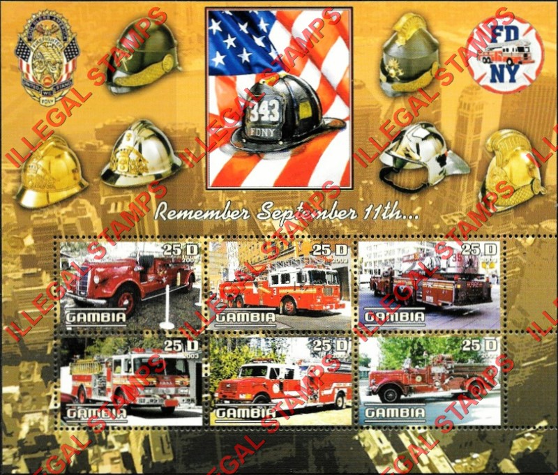 Gambia 2003 Remember September 11th Fire Engines Illegal Stamp Souvenir Sheetlet of 6