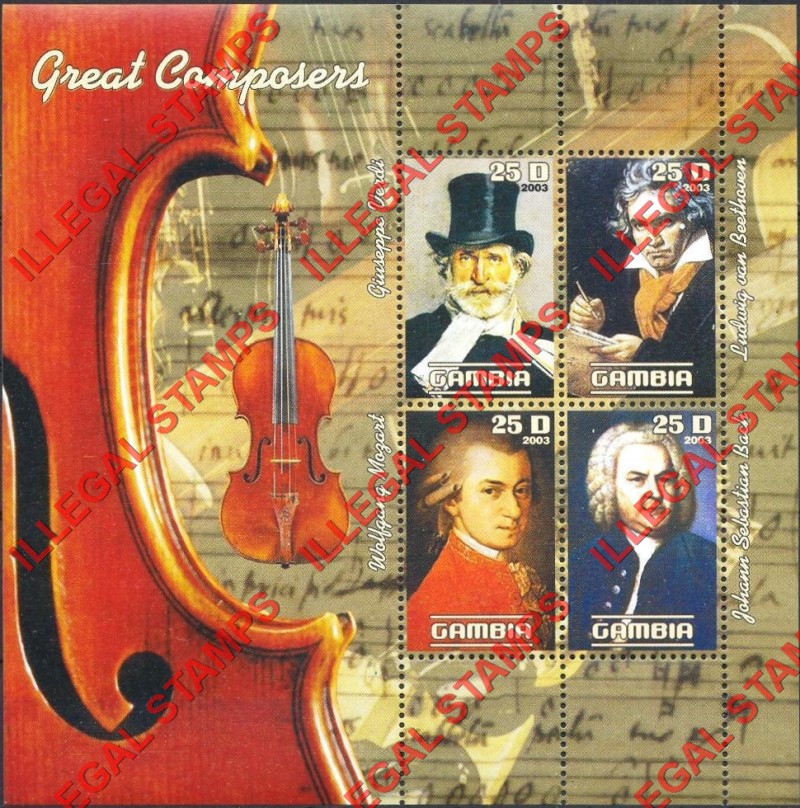 Gambia 2003 Great Composers Illegal Stamp Souvenir Sheet of 4