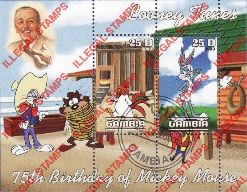 Gambia 2003 Looney Tunes 75th Birthday of Mickey Mouse Illegal Stamp Souvenir Sheet of 2