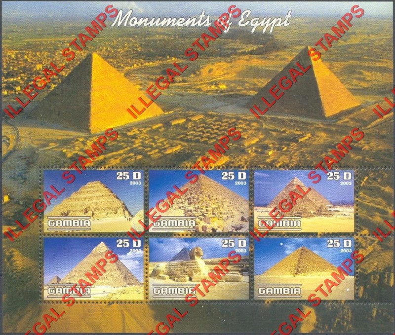 Gambia 2003 Monuments of Egypt Pyramids Illegal Stamp Souvenir Sheetlet of 6