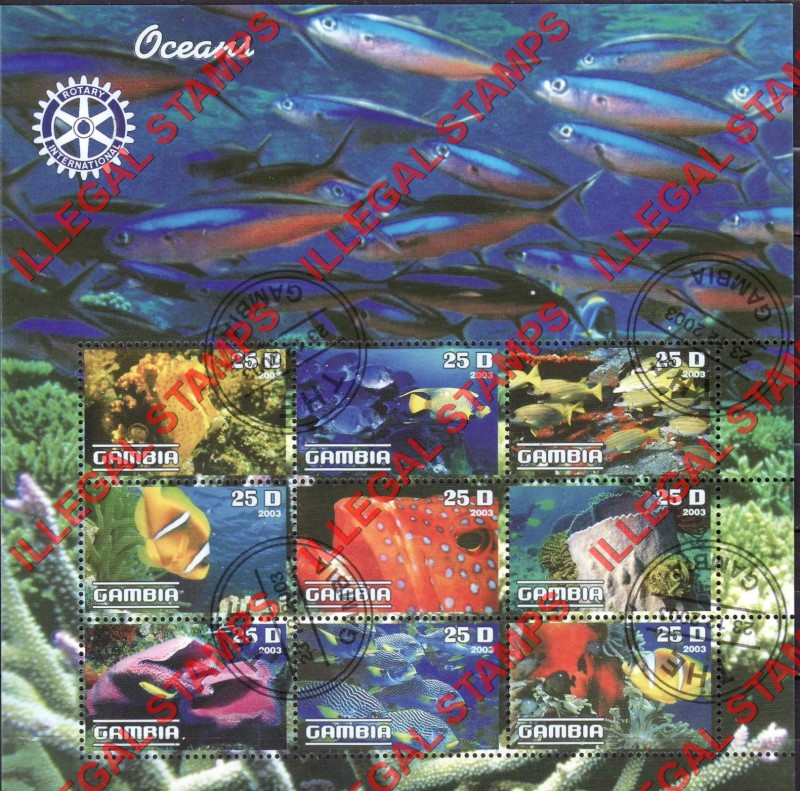 Gambia 2003 Oceans Marine Life Fish with Rotary Logo Illegal Stamp Souvenir Sheetlet of 9