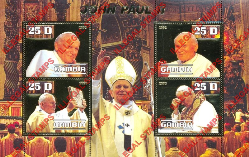 Gambia 2003 Pope John Paul II Gold Illegal Stamp Souvenir Sheetlet of 4
