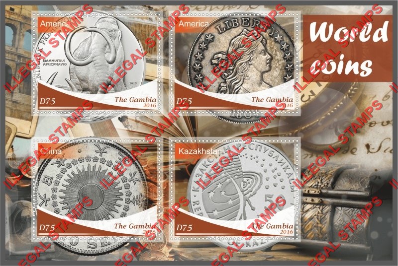 Gambia 2016 World Coins Illegal Stamp Souvenir Sheet of 4