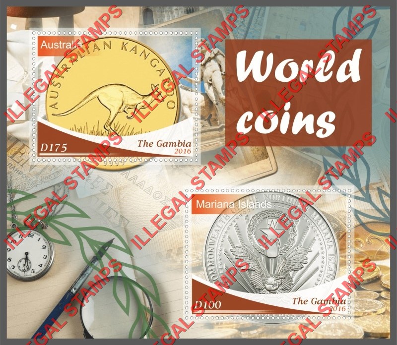 Gambia 2016 World Coins Illegal Stamp Souvenir Sheet of 2