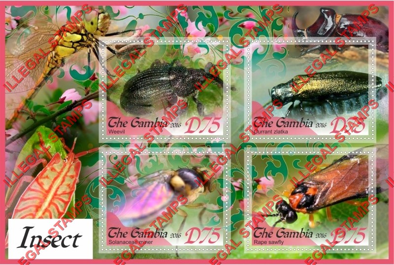 Gambia 2016 Insects Illegal Stamp Souvenir Sheet of 4