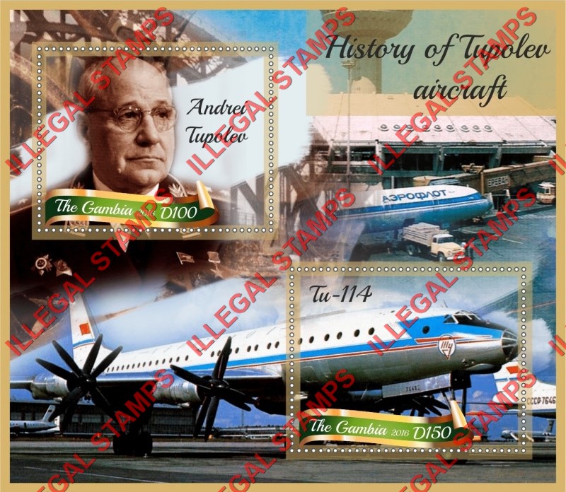 Gambia 2016 History of Tupolev Aircraft Illegal Stamp Souvenir Sheet of 2