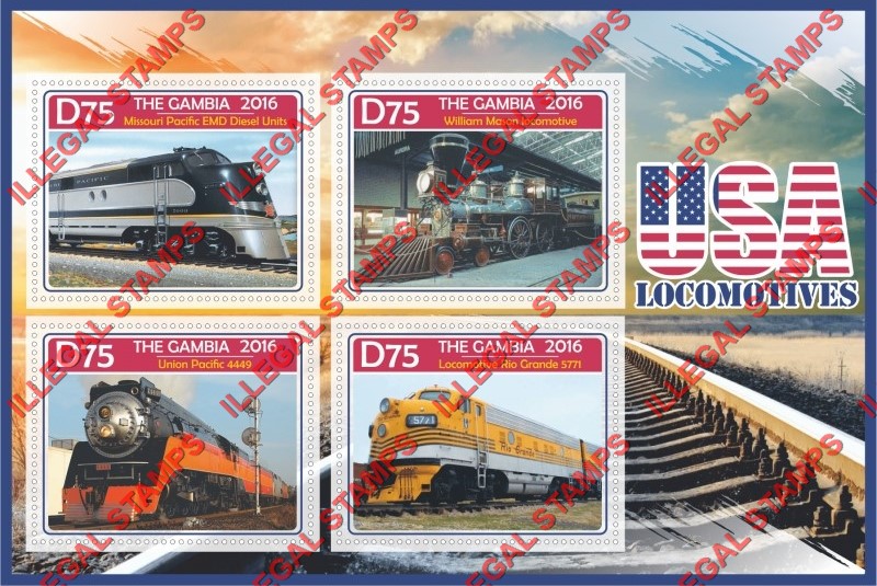 Gambia 2016 USA Locomotives Illegal Stamp Souvenir Sheet of 4