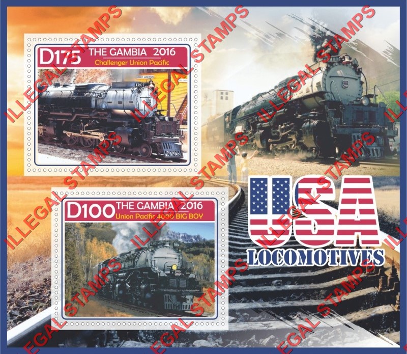 Gambia 2016 USA Locomotives Illegal Stamp Souvenir Sheet of 2
