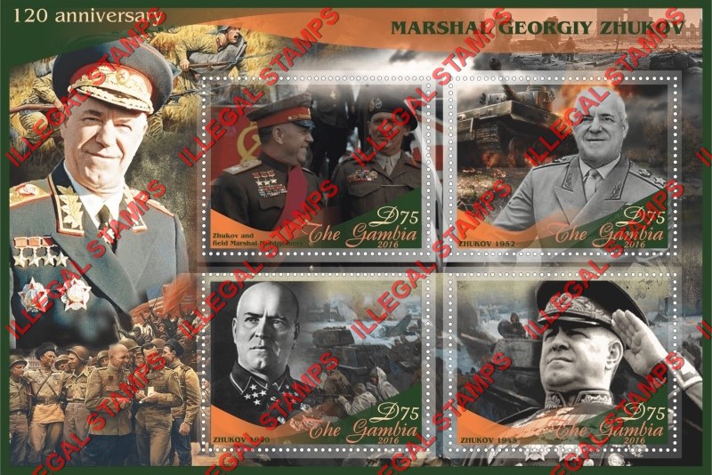 Gambia 2016 Marshal Georgiy Zhukov Illegal Stamp Souvenir Sheet of 4