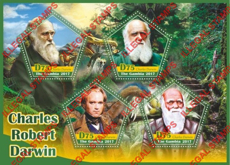 Gambia 2017 Charles Darwin and Dinosaurs Illegal Stamp Souvenir Sheet of 4