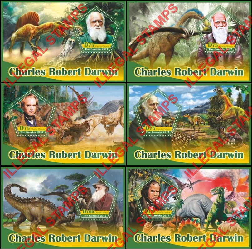 Gambia 2017 Charles Darwin and Dinosaurs Illegal Stamp Souvenir Sheets of 1