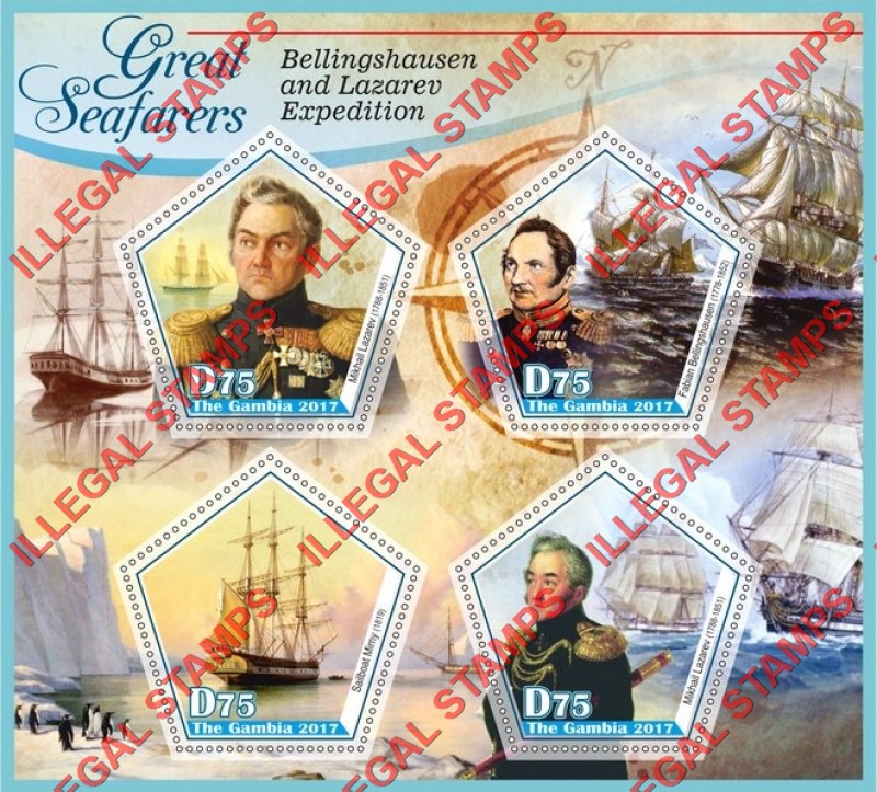 Gambia 2017 Great Seafarers Bellingshausen and Lazarev Expedition Illegal Stamp Souvenir Sheet of 4