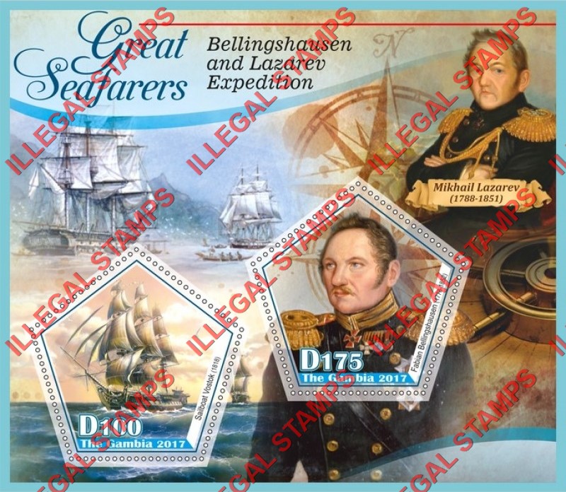 Gambia 2017 Great Seafarers Bellingshausen and Lazarev Expedition Illegal Stamp Souvenir Sheet of 2