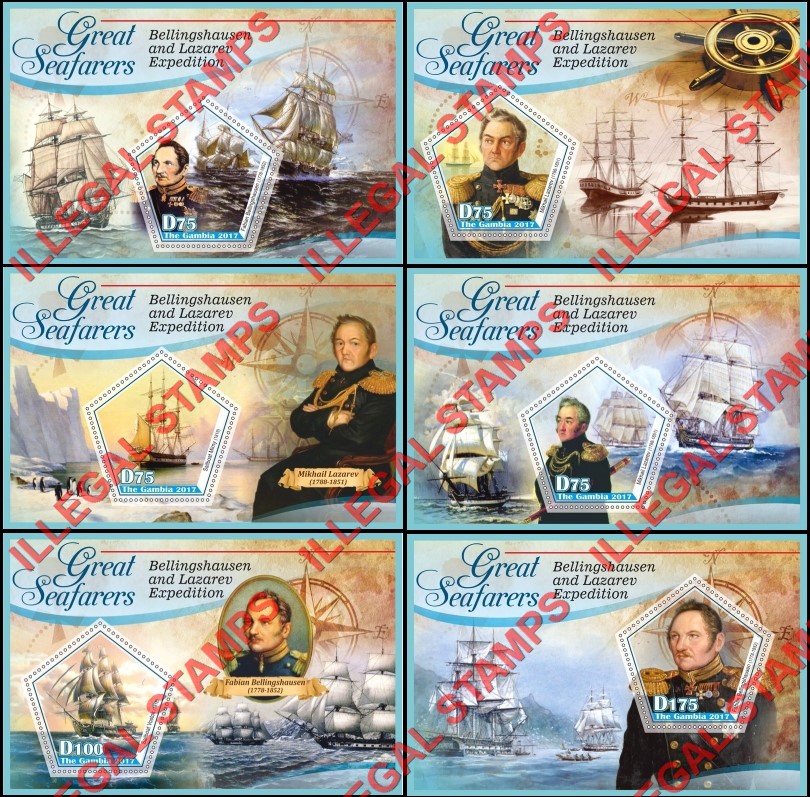 Gambia 2017 Great Seafarers Bellingshausen and Lazarev Expedition Illegal Stamp Souvenir Sheets of 1