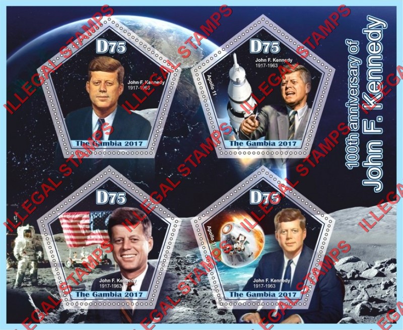 Gambia 2017 John F. Kennedy and Apollo 11 Illegal Stamp Souvenir Sheet of 4