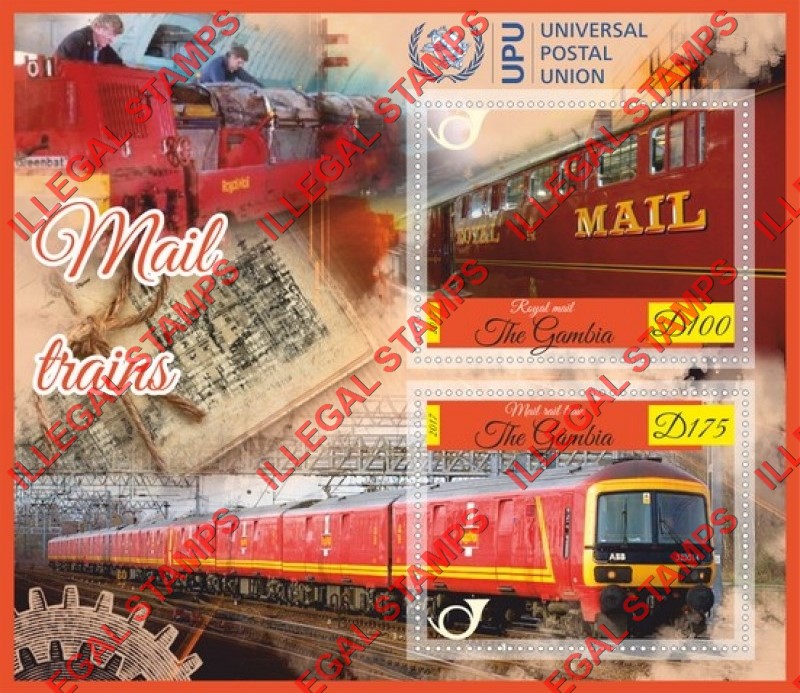 Gambia 2017 Mail Trains Illegal Stamp Souvenir Sheet of 2