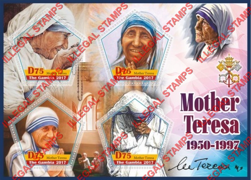 Gambia 2017 Mother Teresa Illegal Stamp Souvenir Sheet of 4