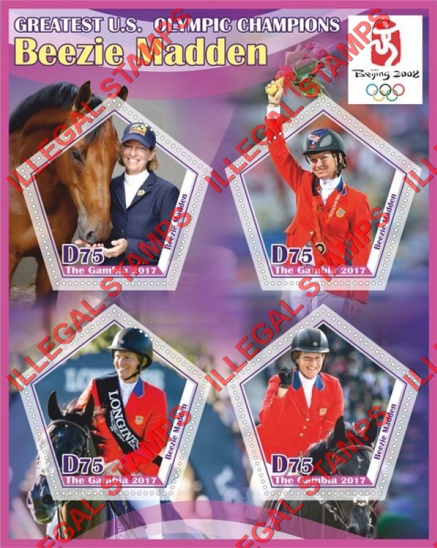 Gambia 2017 Olympic Champion Beezie Madden Illegal Stamp Souvenir Sheet of 4