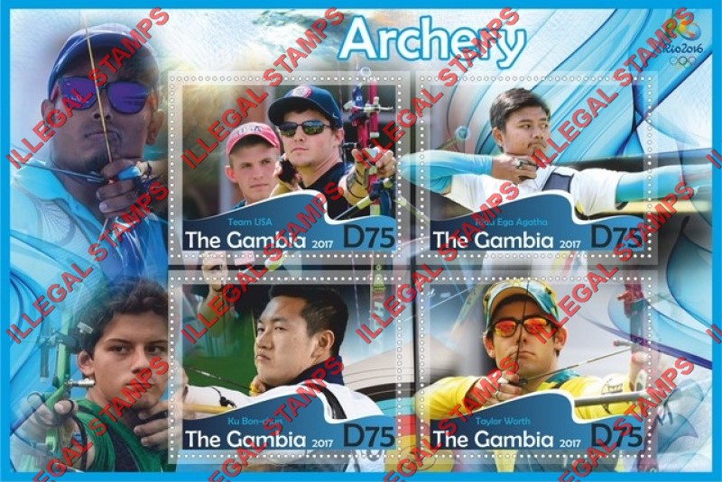 Gambia 2017 Olympics Archery Illegal Stamp Souvenir Sheet of 4