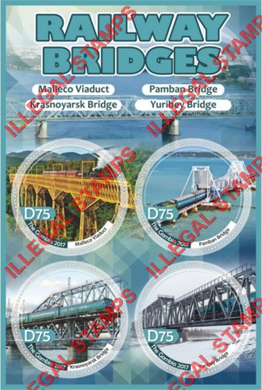Gambia 2017 Railway Bridges Illegal Stamp Souvenir Sheet of 4
