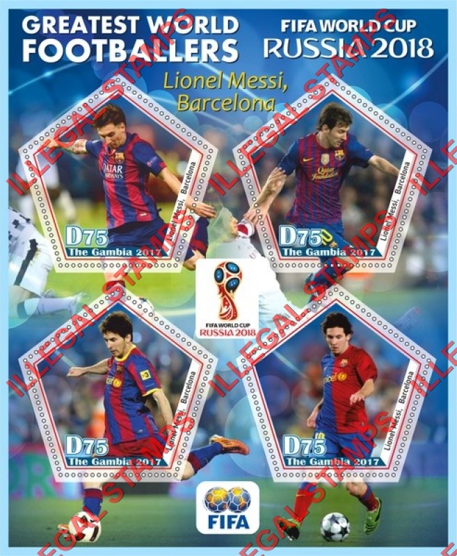 Gambia 2017 World Cup Soccer Greatest World Footballers Lionel Messi Illegal Stamp Souvenir Sheet of 4