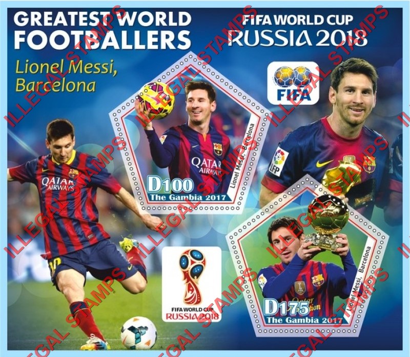 Gambia 2017 World Cup Soccer Greatest World Footballers Lionel Messi Illegal Stamp Souvenir Sheet of 2
