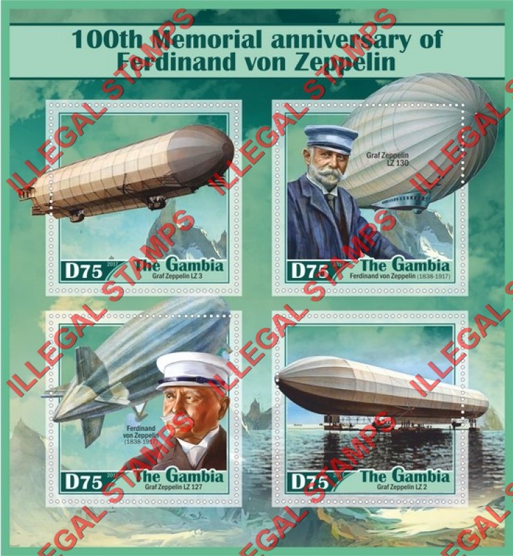 Gambia 2017 Zeppelins Ferdinand von Zeppelin Illegal Stamp Souvenir Sheet of 4