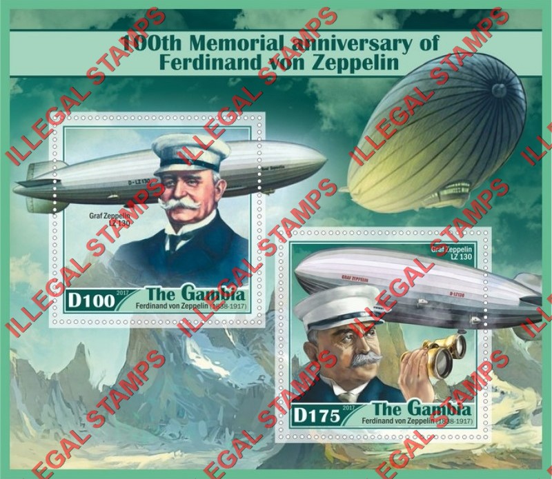 Gambia 2017 Zeppelins Ferdinand von Zeppelin Illegal Stamp Souvenir Sheet of 2