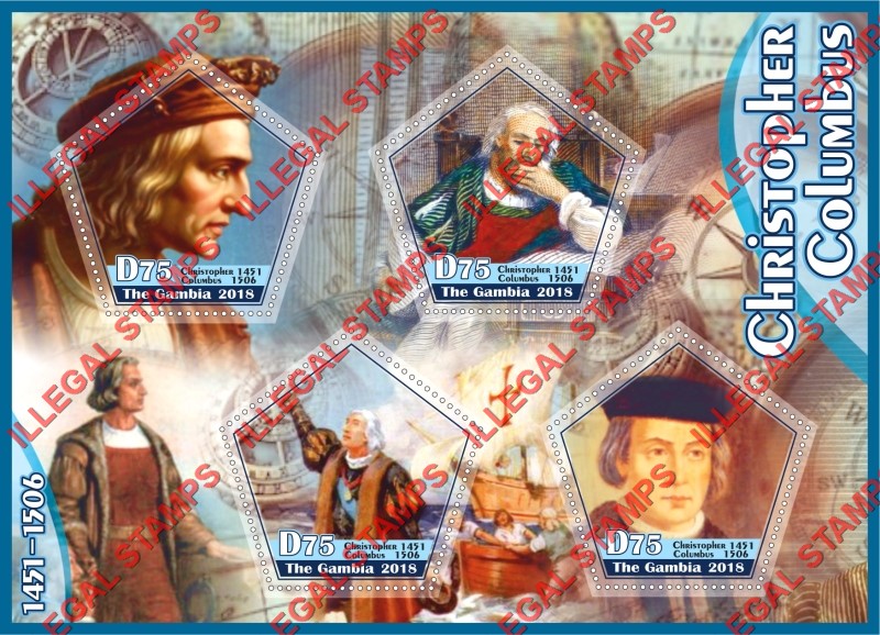 Gambia 2018 Christopher Columbus Illegal Stamp Souvenir Sheet of 4