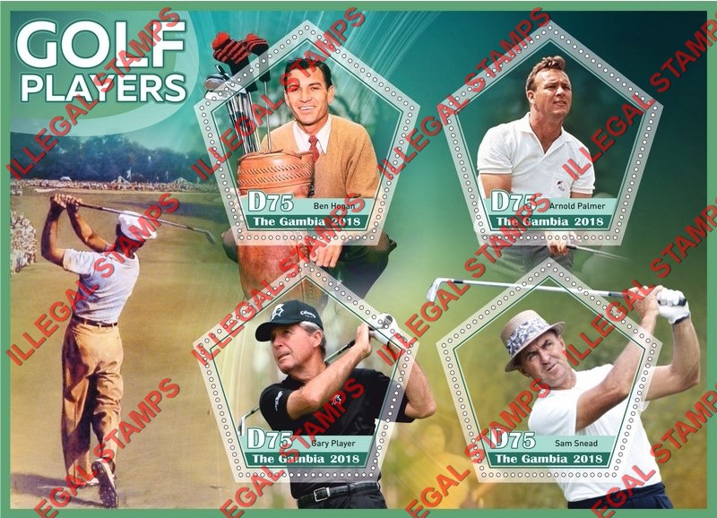 Gambia 2018 Golf Players Illegal Stamp Souvenir Sheet of 4