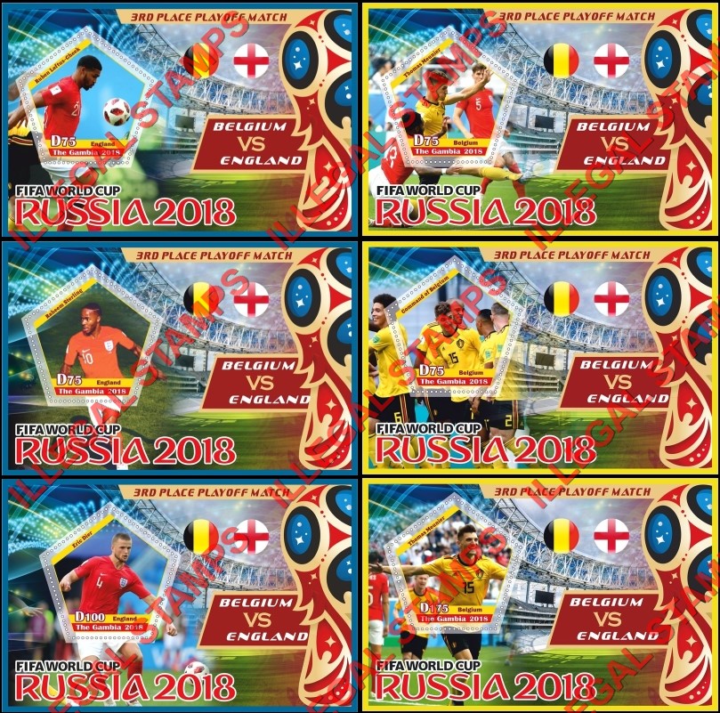 Gambia 2018 World Cup Soccer in Russia Belgium vs England Illegal Stamp Souvenir Sheets of 1
