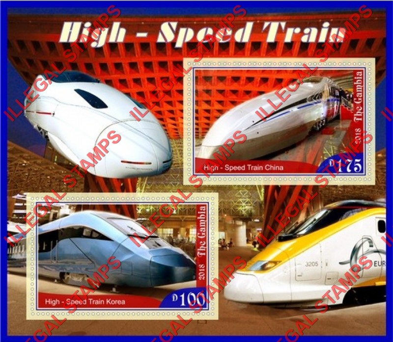 Gambia 2018 High Speed Trains Illegal Stamp Souvenir Sheet of 2