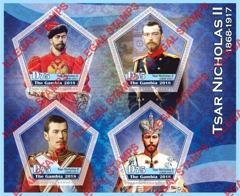 Gambia 2018 Tsar Nicholas II Illegal Stamp Souvenir Sheet of 4