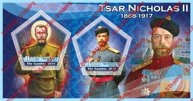 Gambia 2018 Tsar Nicholas II Illegal Stamp Souvenir Sheet of 2