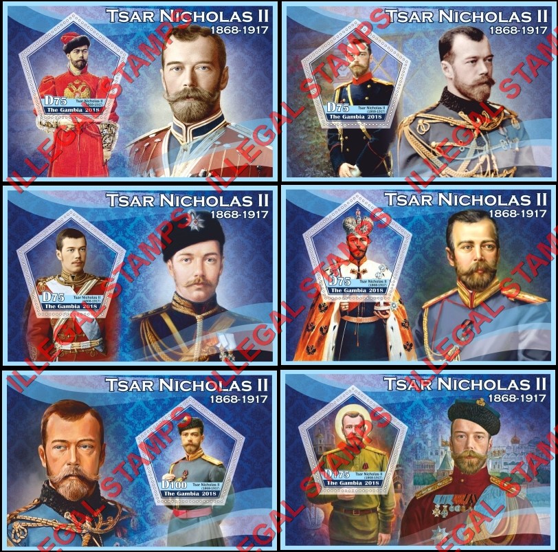 Gambia 2018 Tsar Nicholas II Illegal Stamp Souvenir Sheets of 1