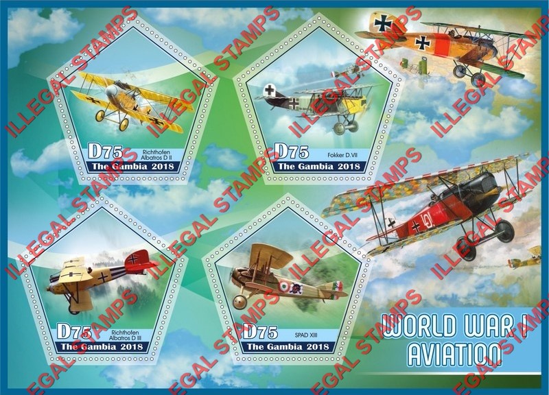 Gambia 2018 World War I Aviation Illegal Stamp Souvenir Sheet of 4