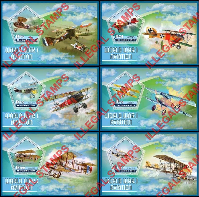 Gambia 2018 World War I Aviation Illegal Stamp Souvenir Sheets of 1