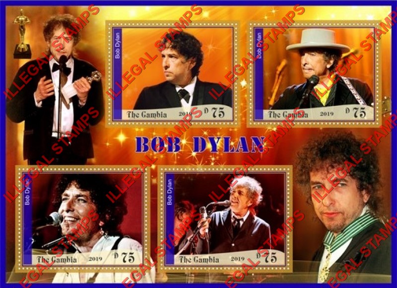Gambia 2019 Bob Dylan (different) Illegal Stamp Souvenir Sheet of 4