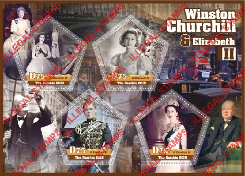 Gambia 2019 Winston Churchill and Queen Elizabeth II Illegal Stamp Souvenir Sheet of 4
