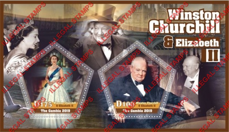 Gambia 2019 Winston Churchill and Queen Elizabeth II Illegal Stamp Souvenir Sheet of 2