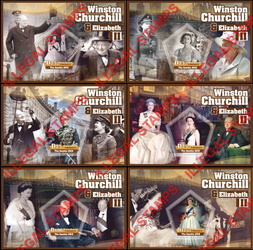 Gambia 2019 Winston Churchill and Queen Elizabeth II Illegal Stamp Souvenir Sheets of 1