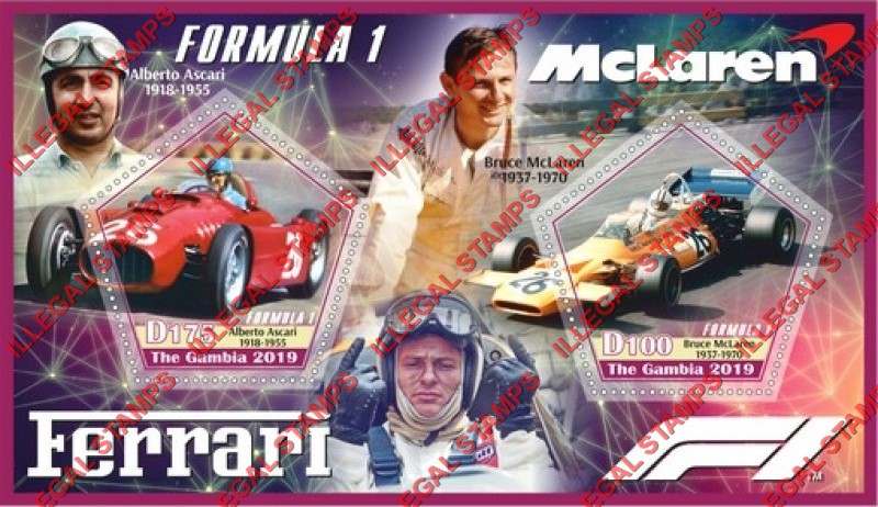 Gambia 2019 Formula I Drivers Bruce McLaren Illegal Stamp Souvenir Sheet of 2